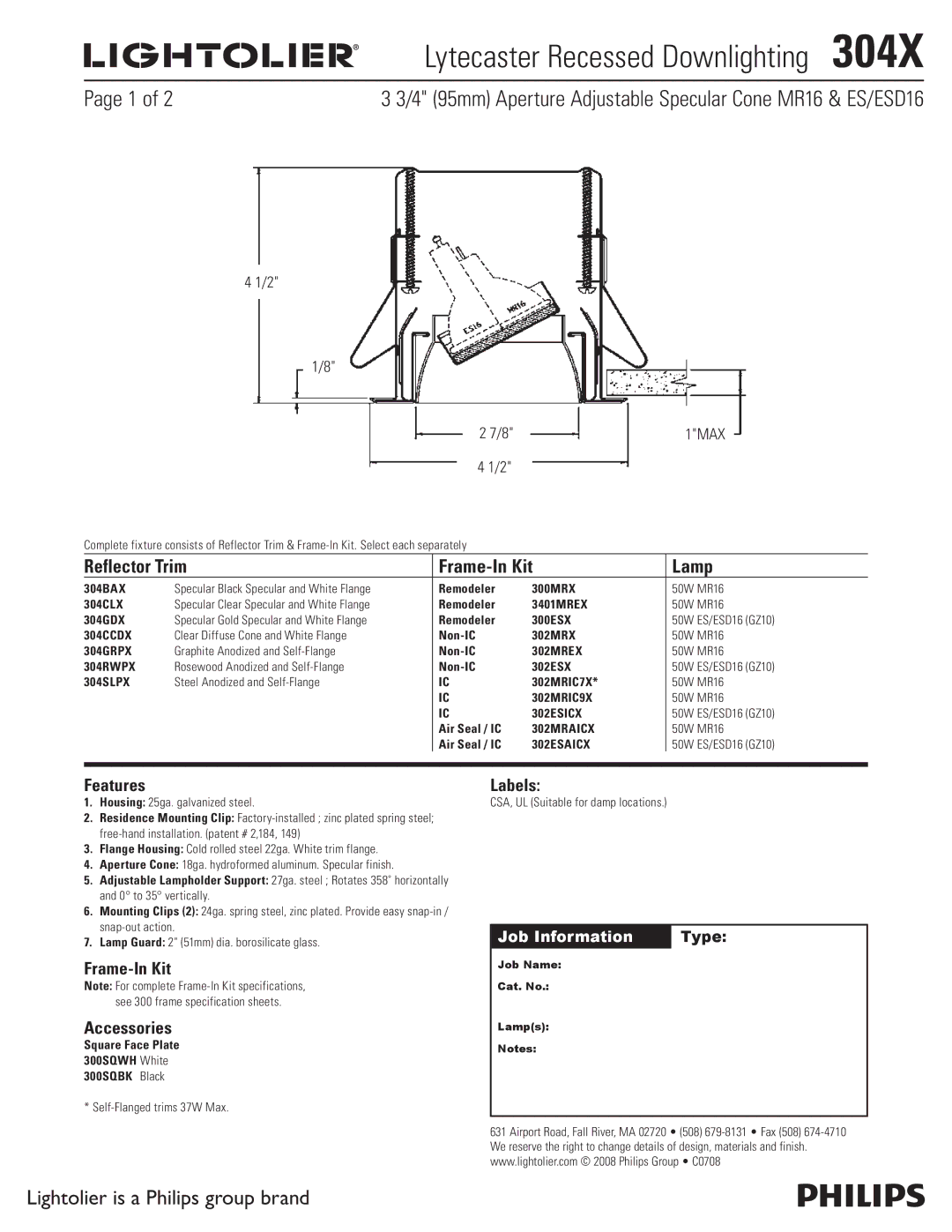 Lightolier 304X specifications Lytecaster Recessed Downlighting , Reflector Trim Frame-In Kit Lamp, Features, Labels 